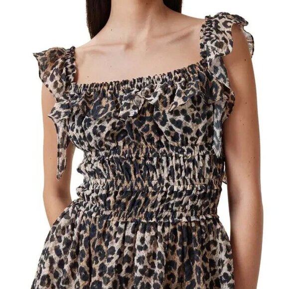 All Saints Solonda Leopard Print Chiffon Ruffle Smocked Waist Maxi Dress Size 0 - Picture 3 of 13